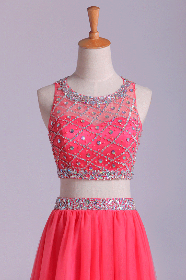 2022 Two-Piece Bateau Beaded Bodice Princess Prom Dress Pick Up Tulle Skirt Floor Length