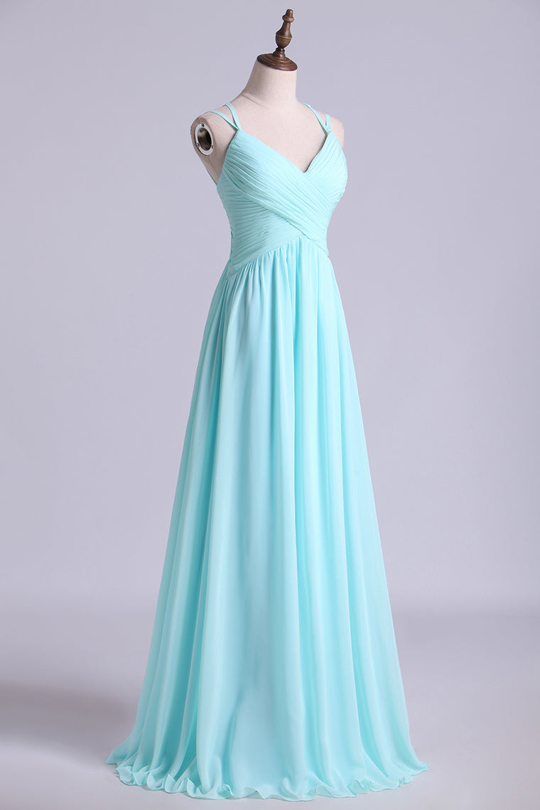 2022 Prom Dress Spaghetti Straps Chiffon A Line Ruffled Bodice With Criss Crossed Back