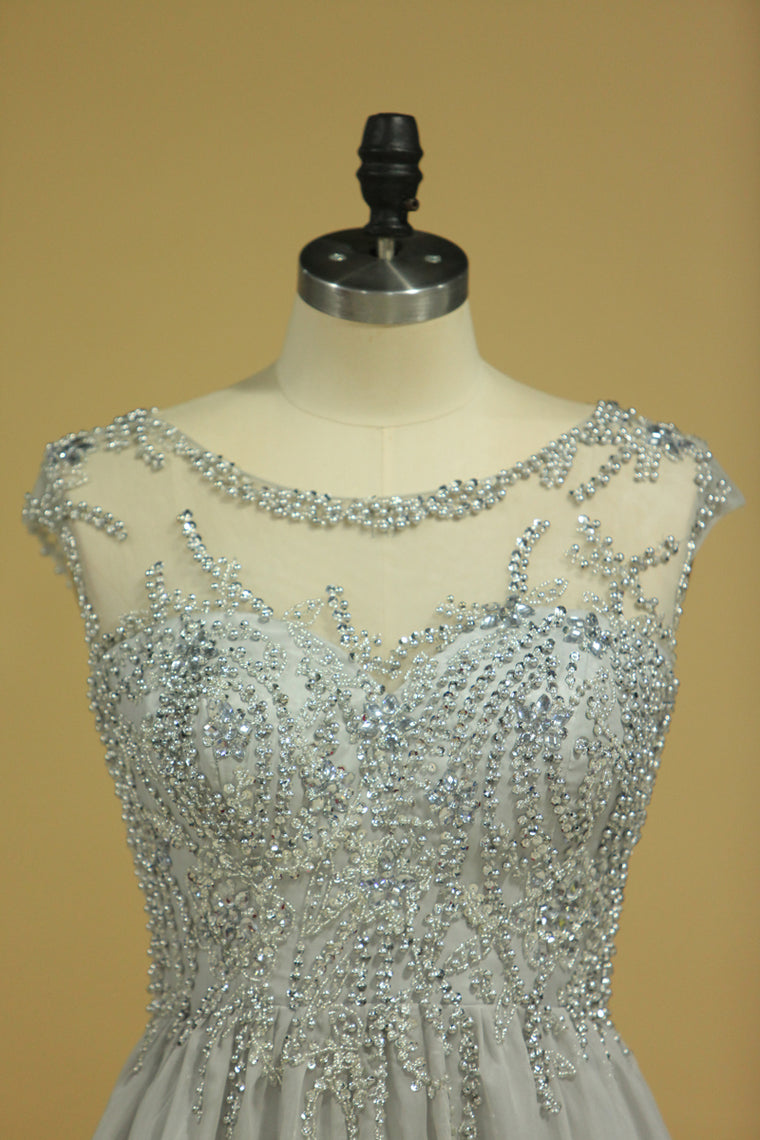 2022 Plus Size Bateau Beaded Bodice A-Line Prom Dresses With Long Chiffon Skirt