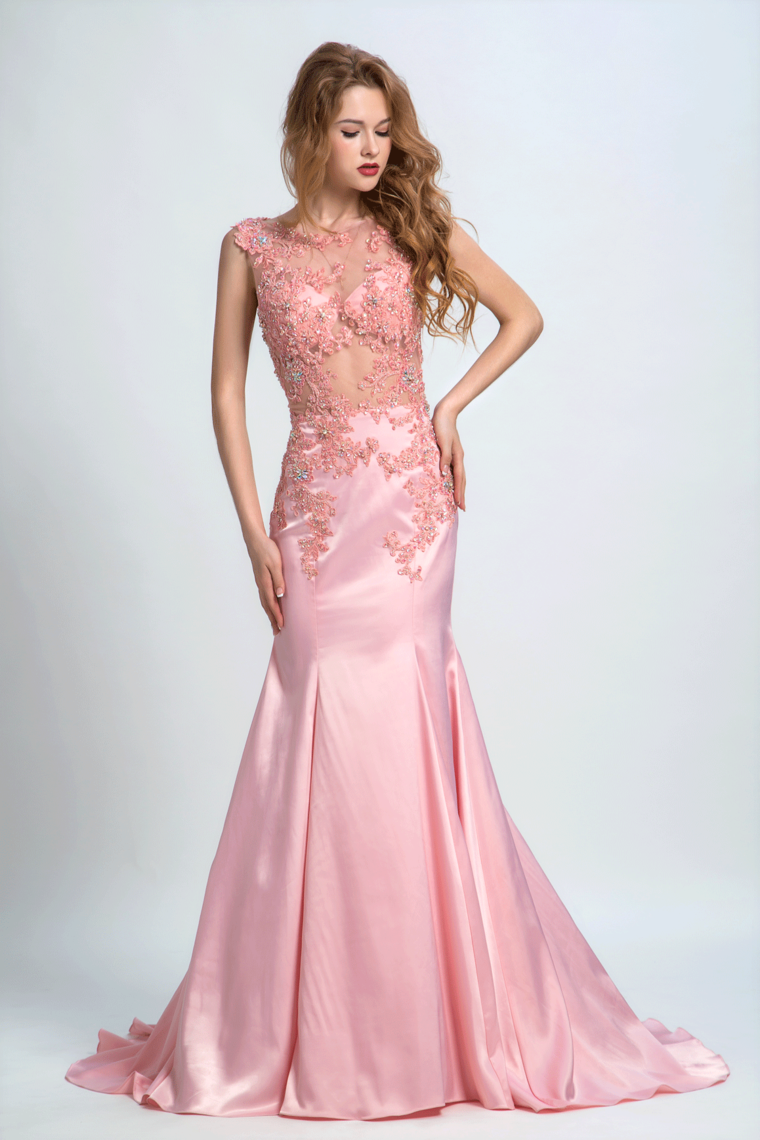 2022 Prom Dresses Scoop Mermaid Elastic Satin With Applique And Beads Sweep Train