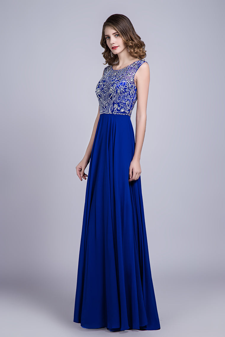 2022 Hot Selling Prom Dresses Dark Royal Blue A-Line Scoop Floor-Length Chiffon
