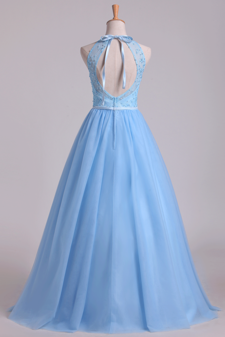 2022 Halter A Line/Princess Prom Dresses With Long Tulle Skirt