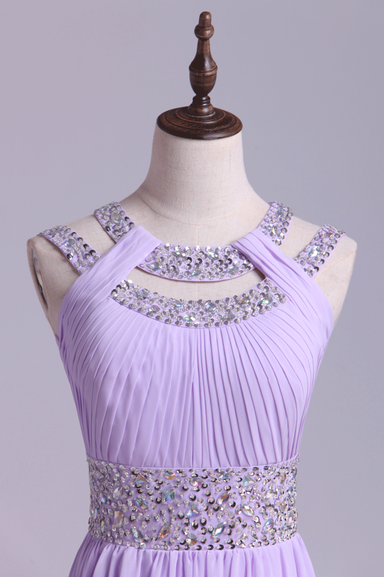 2022 Sexy Prom Dresses Scoop A Line Floor-Length Open Back Chiffon With Beading