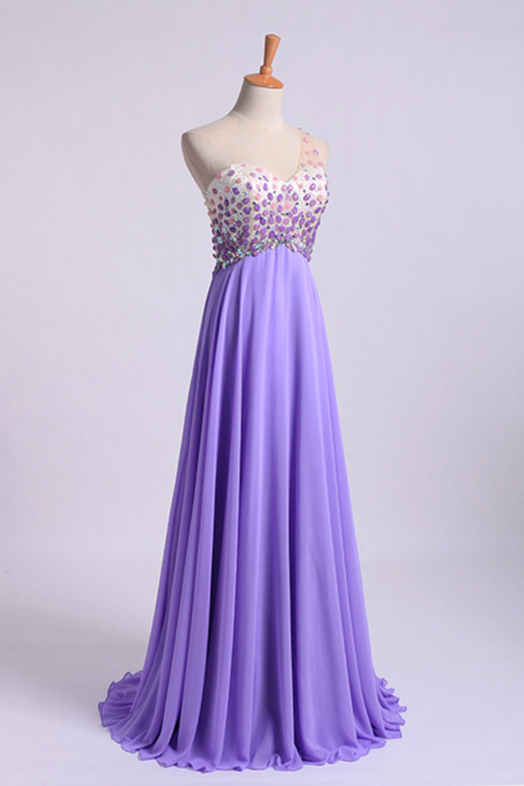 2022 Romantic Prom Dresses A Line One Shoulder With Beadings Tulle And Chiffon Sweep Train