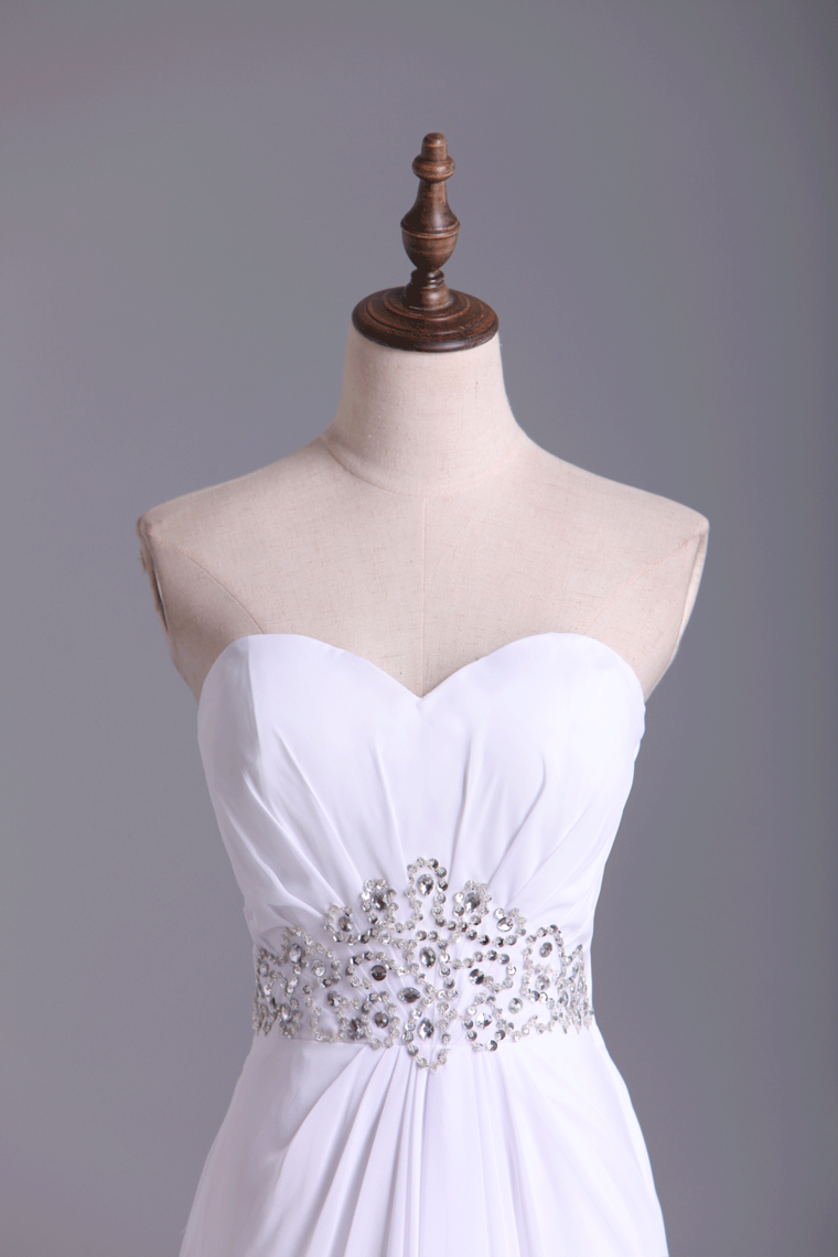 2022 Sweetheart Chiffon Floor Length A Line Prom Dress Beaded Waistline