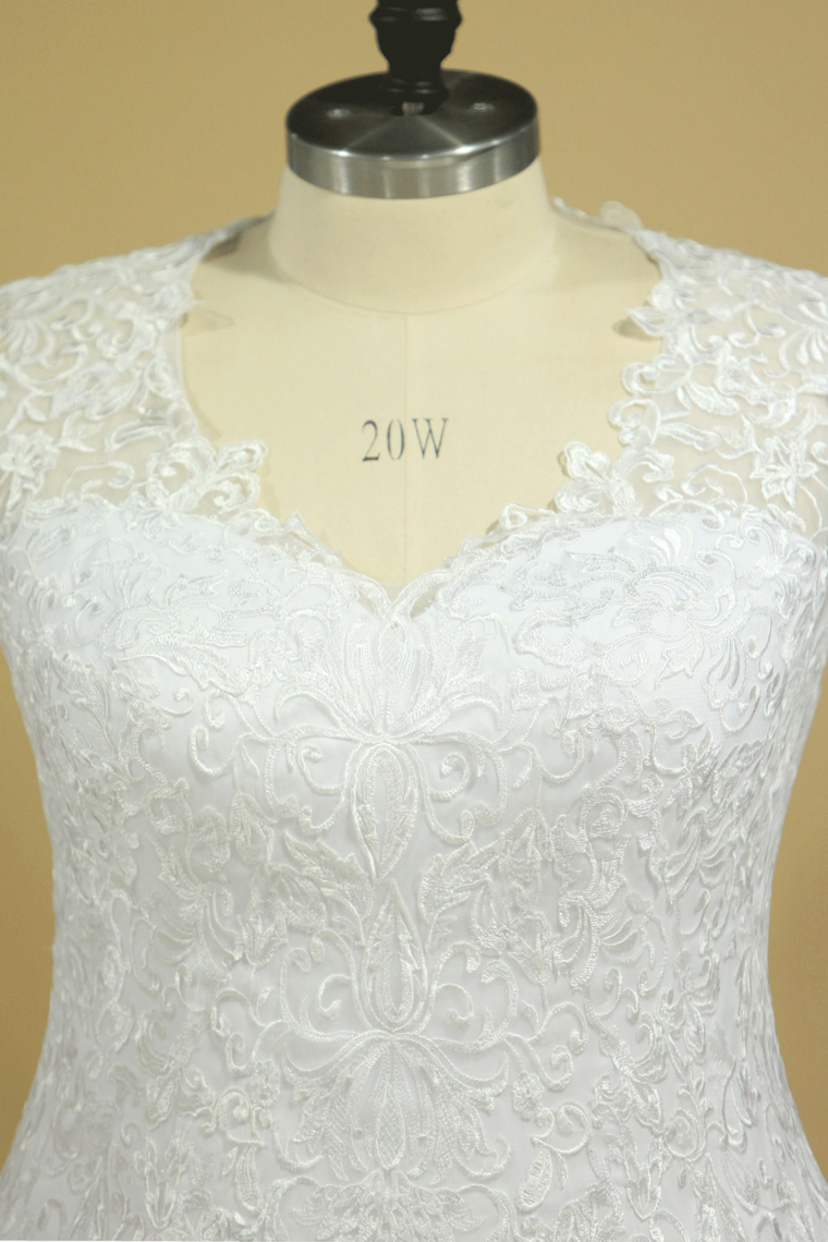 2022 Plus Size A Line V Neck Wedding Dresses Tulle With Applique Court Train