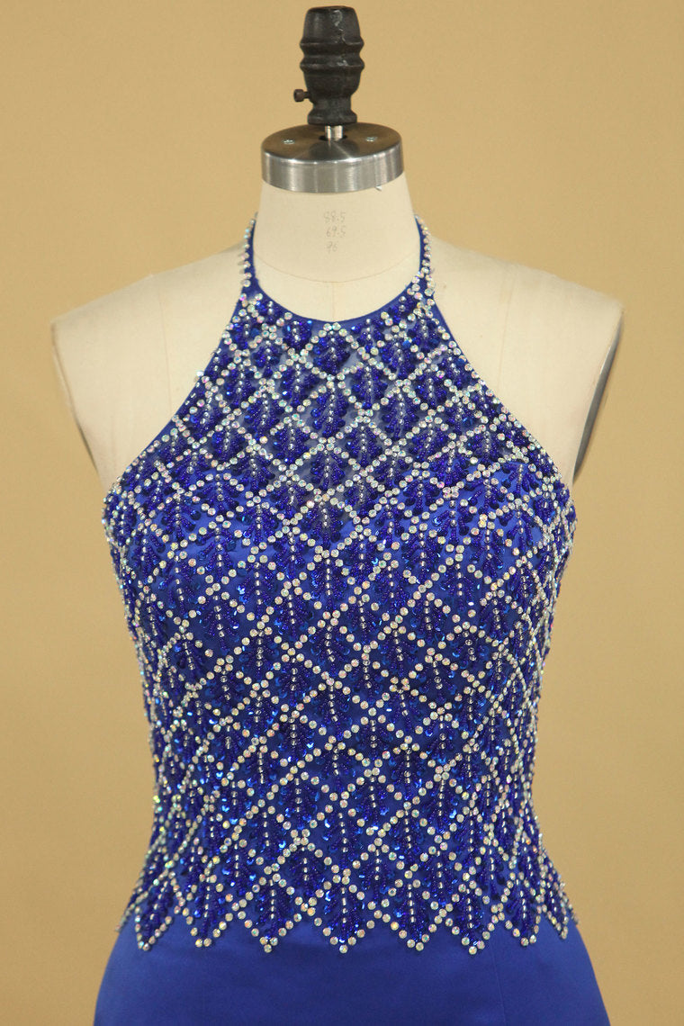 2022 Dark Royal Blue Halter Mermaid Prom Dresses Beaded Bodice Satin Sweep Train