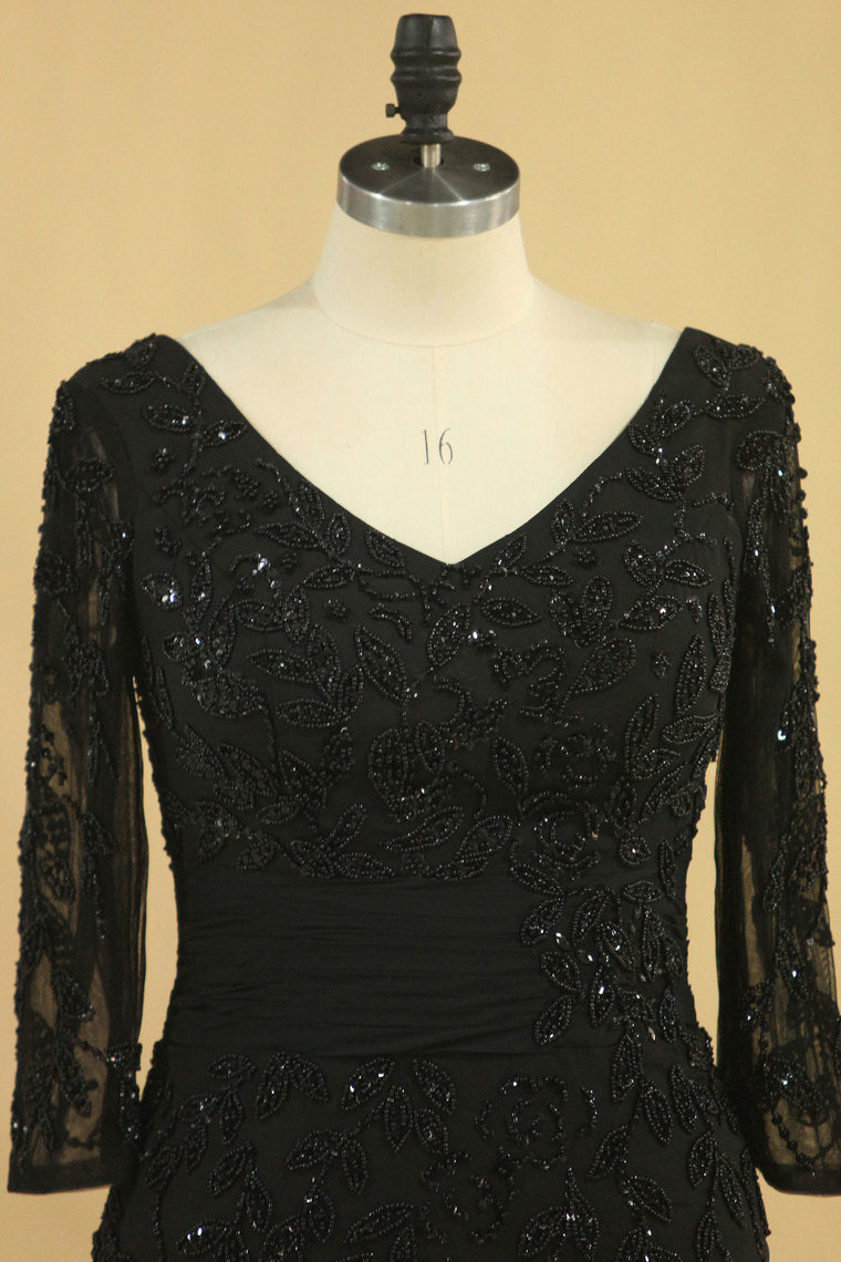 2022 Black Mother Of The Bride Dresses V Neck Chiffon With Beads 3/4 Length Sleeve
