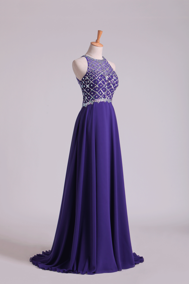 2022 Hot Prom Dresses A Line Scoop Beaded Bodice Chiffon Sweep Train