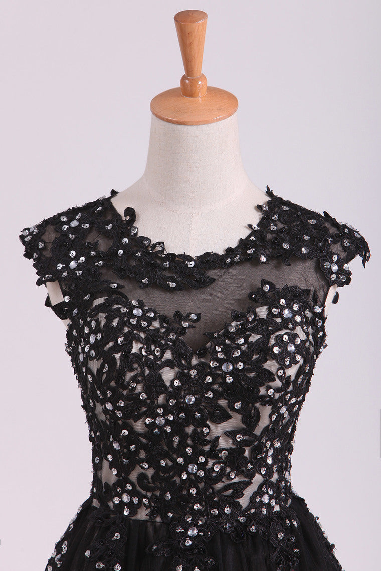 2022 Black Scoop Short/Mini Homecoming Dresses A Line Tulle With Applique And Beading