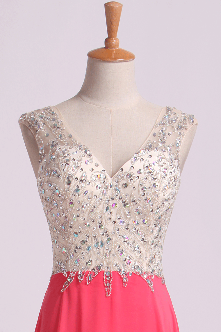 2022 V Neck Beaded Bodice Prom Dresses A Line Sweep Train Chiffon&Tulle