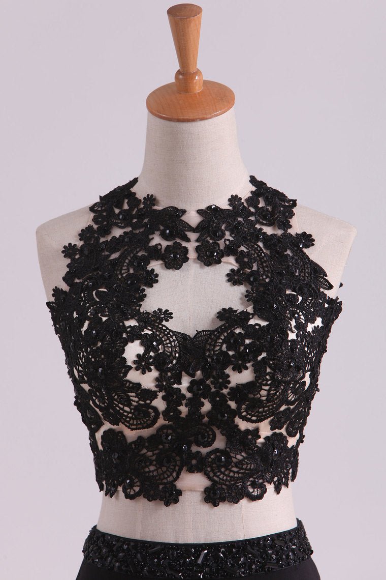 2022 Black Two-Piece Scoop Open Back Prom Dresses Sheath Spandex