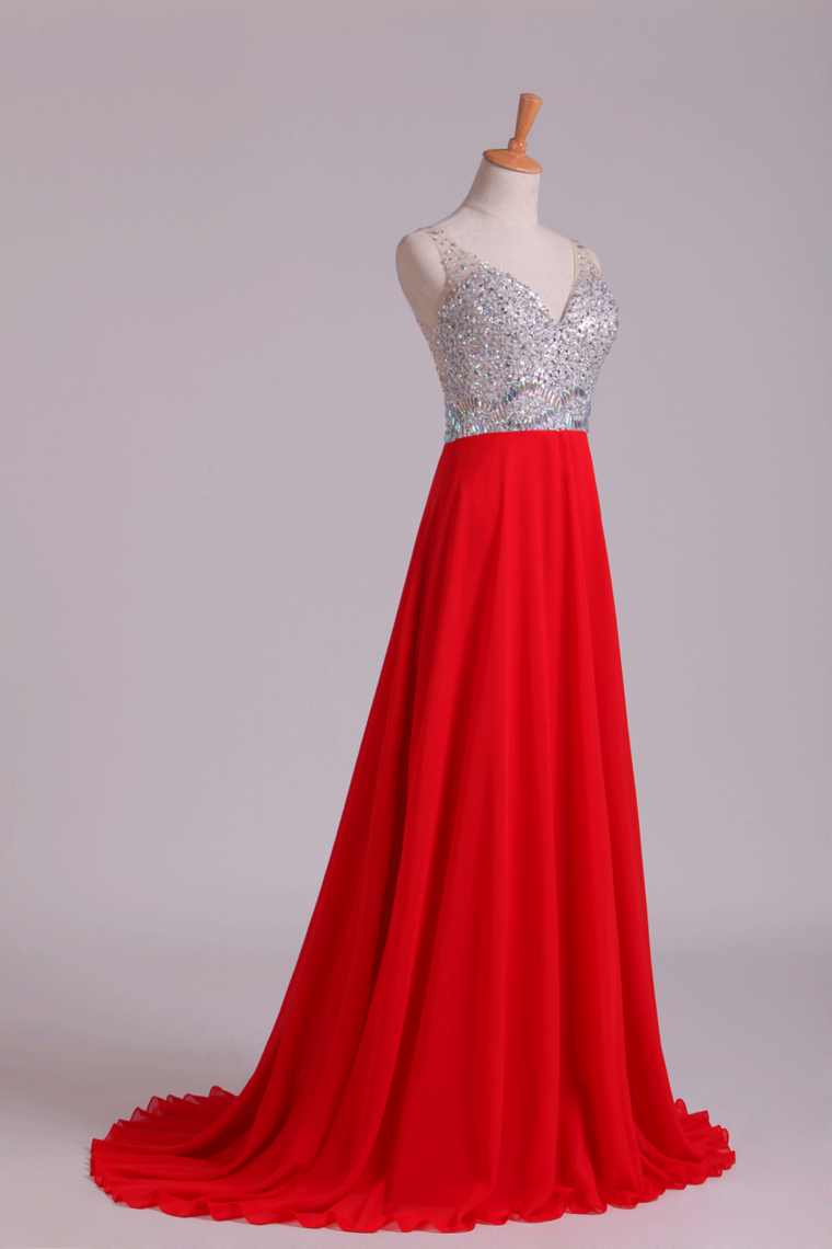 2022 Prom Dress V-Neck A-Line Beaded Tulle Bodice Sweep Train Chiffon