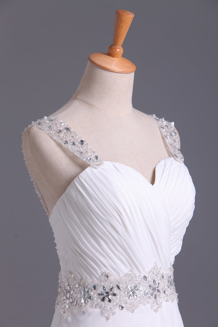 2022 White Wedding Dress Sweetheart A Line Pleated Bodice With Detachable Straps Beaded Chiffon