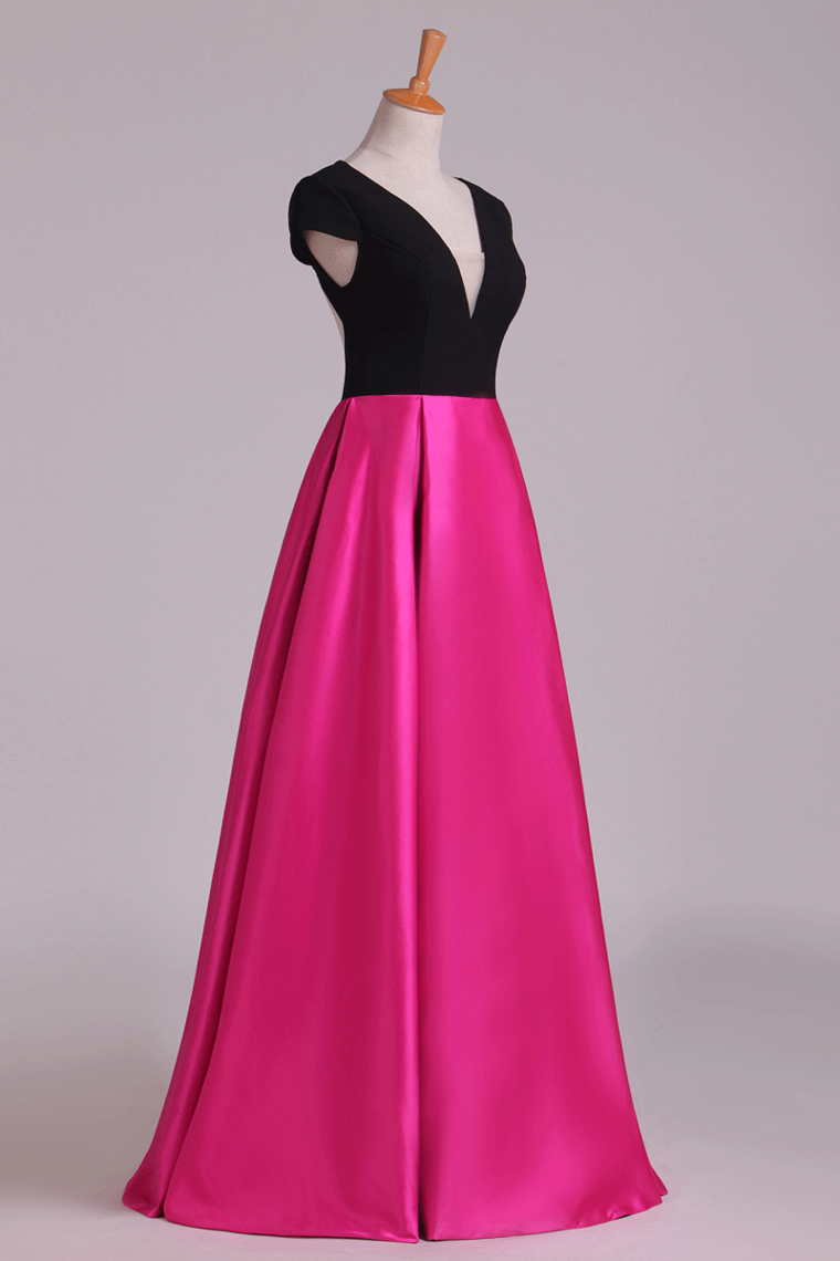 2022 Evening Dress Open Back V-Neck Short Sleeve A-Line Satin Black Bodice Floor-Length