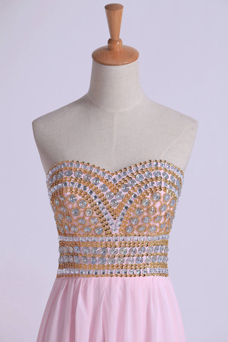 2022 New Arrival Prom Gown A-Line Sweetheart Sweep/Brush Chiffon With Beading&Rhinestone