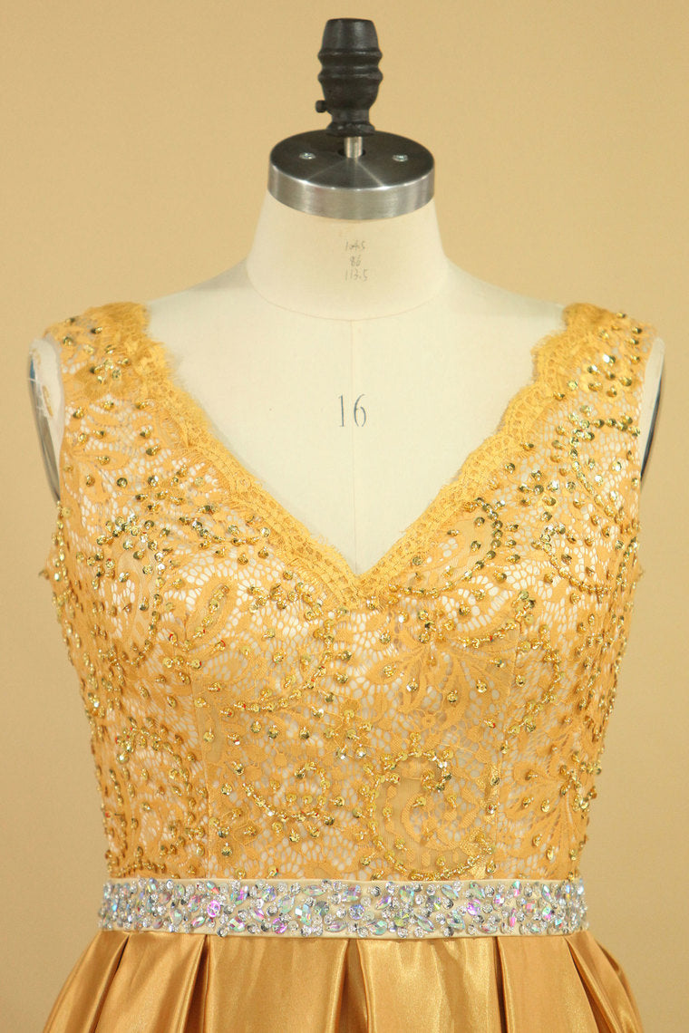 2022 Plus Size V Neck Prom Dresses A Line Beaded Waistline