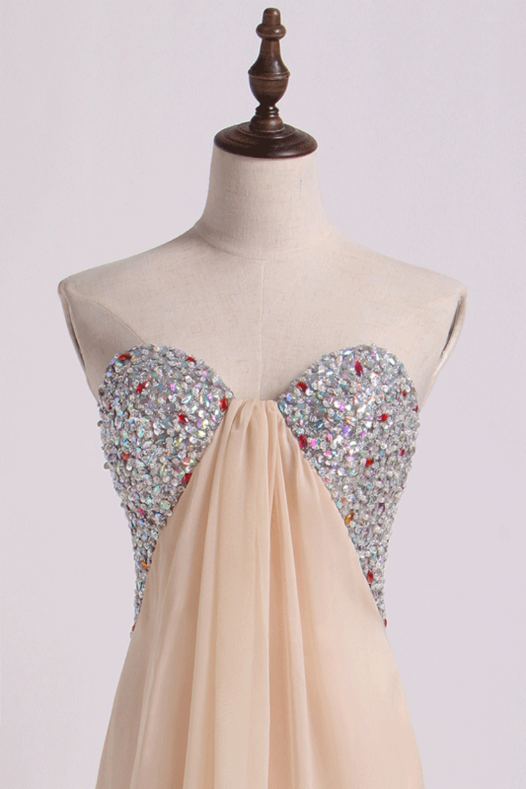 2022 Sweetheart A Line Prom Dresses Chiffon With Slit&Beads Floor Length