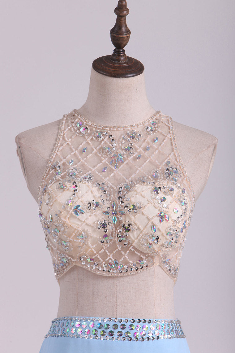2022 Prom Dresses Scoop Sheath Two Pieces Chiffon With Beading And Slit Sweep Train