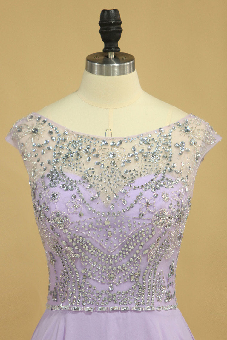 2022 Prom Dresses A-Line Scoop Floor-Length Chiffon Beaded Bodice
