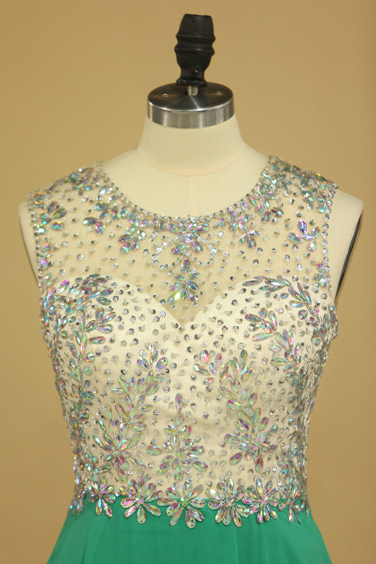 2022 Scoop Open Back A Line With Beads Prom Dresses Sweep Train