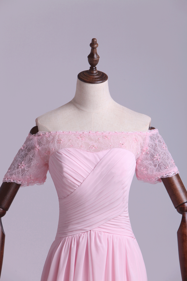2022 Boat Neck Prom Dress Ruched Bodice A Line With Layered Chiffon Skirt Court Train