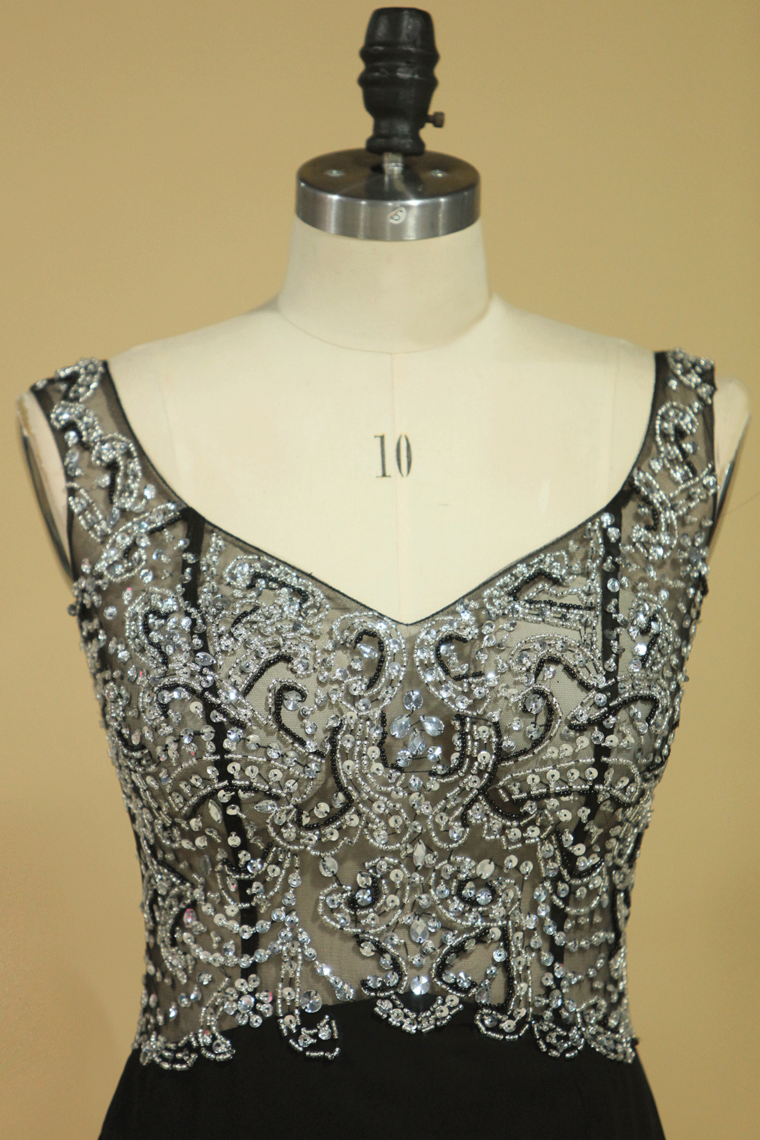 2022 Black Prom Dresses Off The Shoulder See-Through Beaded Bodice Chiffon