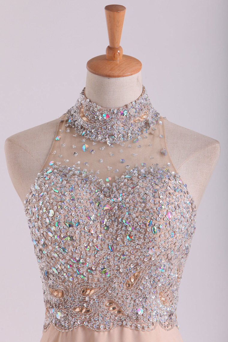2022 High Neck Prom Dresses A Line Chiffon With Beading Sweep Train
