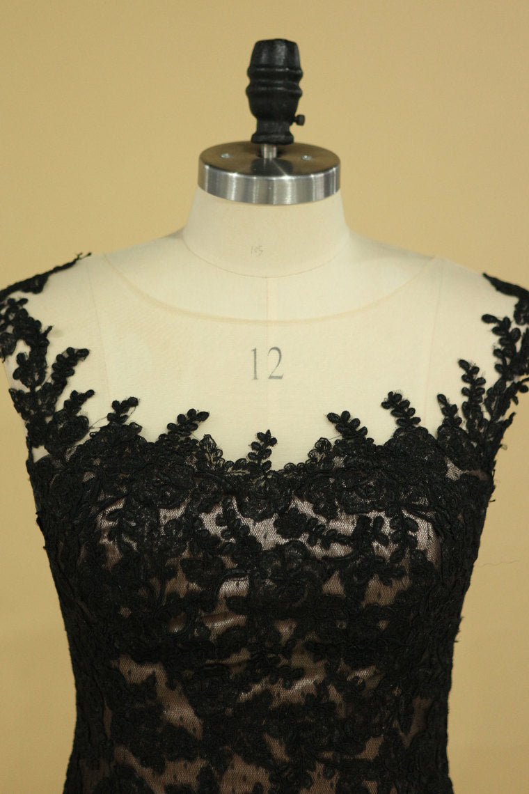 2022 Black Mermaid Bateau With Applique Tulle Dark Navy Sweep Train Evening Dresses
