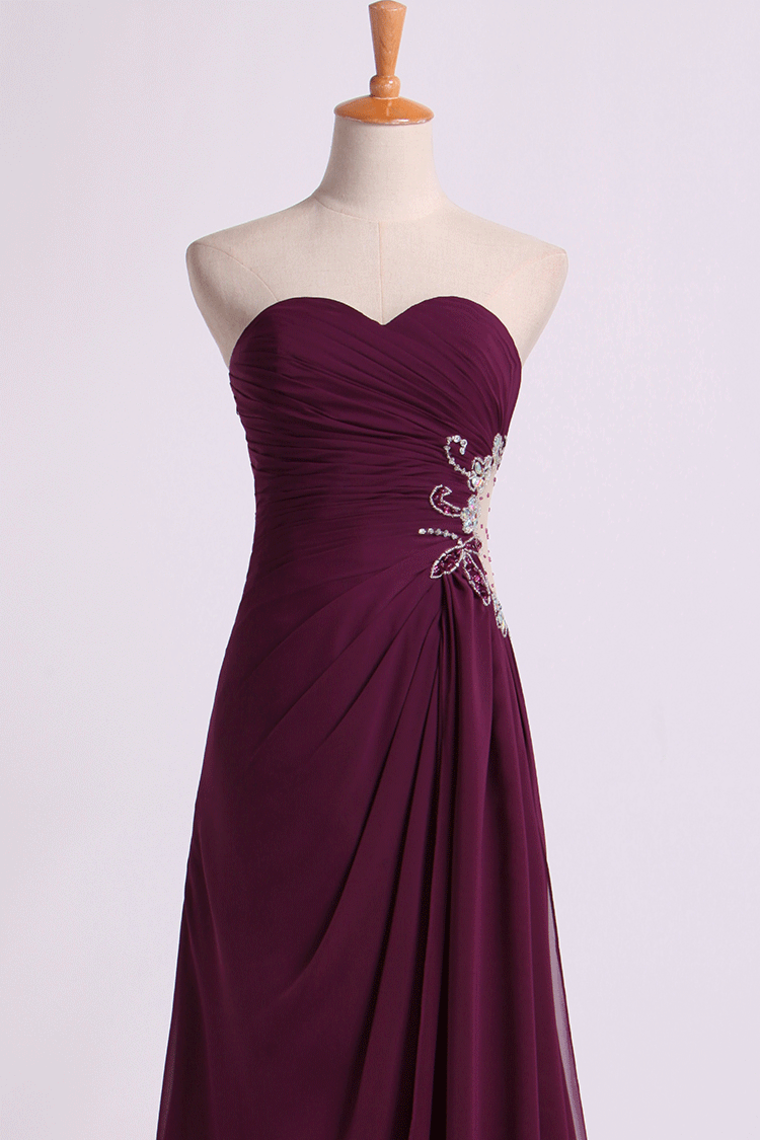 2022 Prom Dresses A Line Ruffled Bodice Beaded With Slit Floor Length