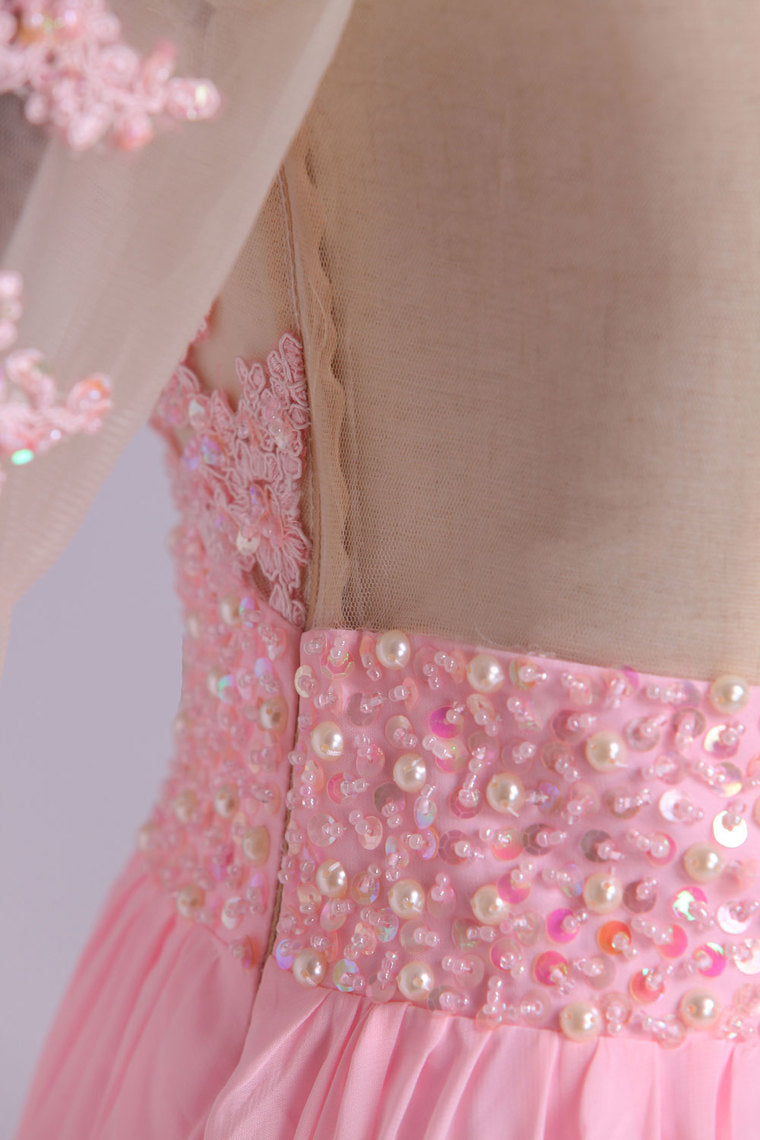 2022 Mid-Length Sleeve A-Line Scoop Chiffon Prom Dresses Floor-Length With Applique & Bow-Knot