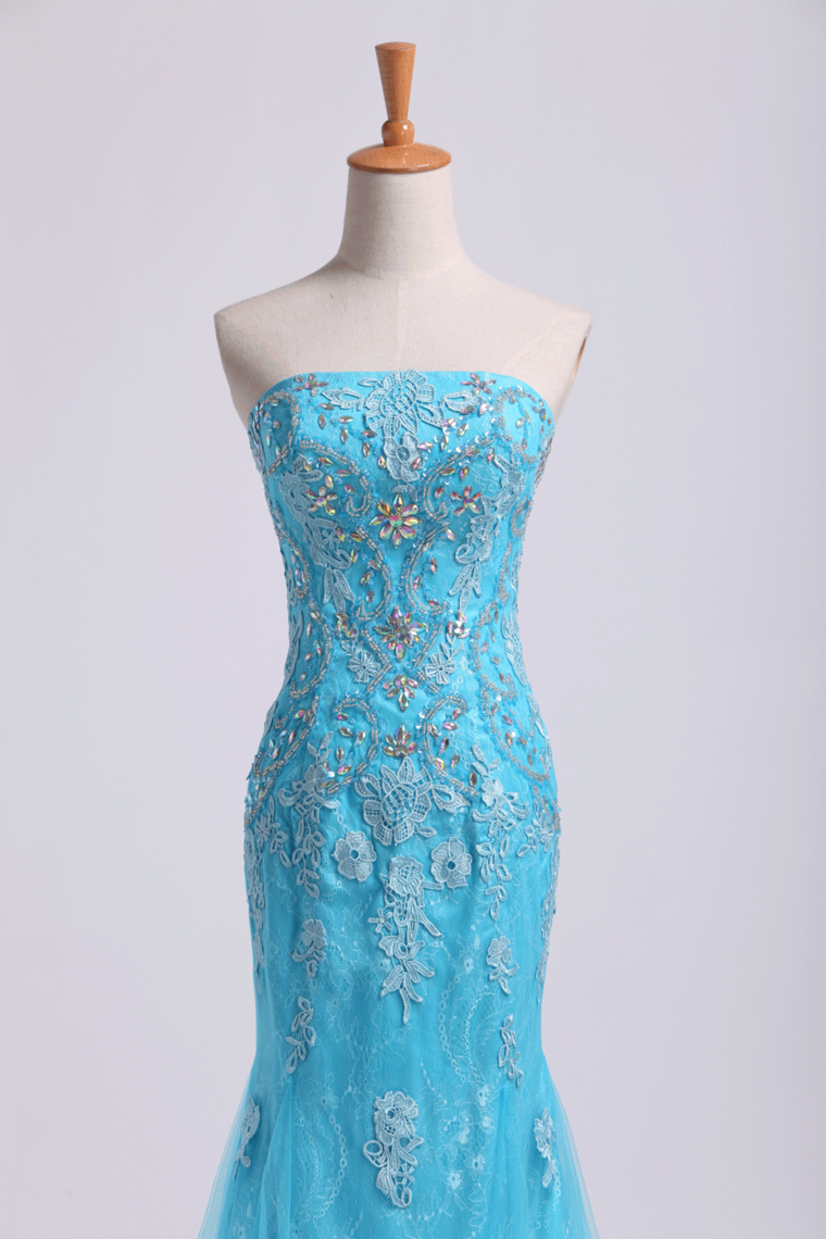 2022 Prom Dresses Strapless Mermaid With Beading&Applique