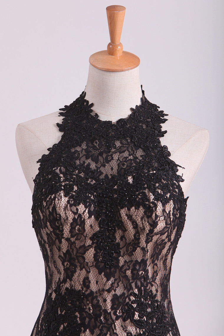 2022 Black Halter Prom Dresses Mermaid Lace Floor Length Open Back