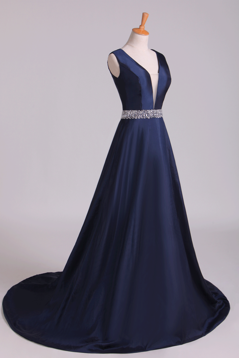 2022 New Arrival V-Neck Prom Dresses A Line Beaded Waistline Court Train