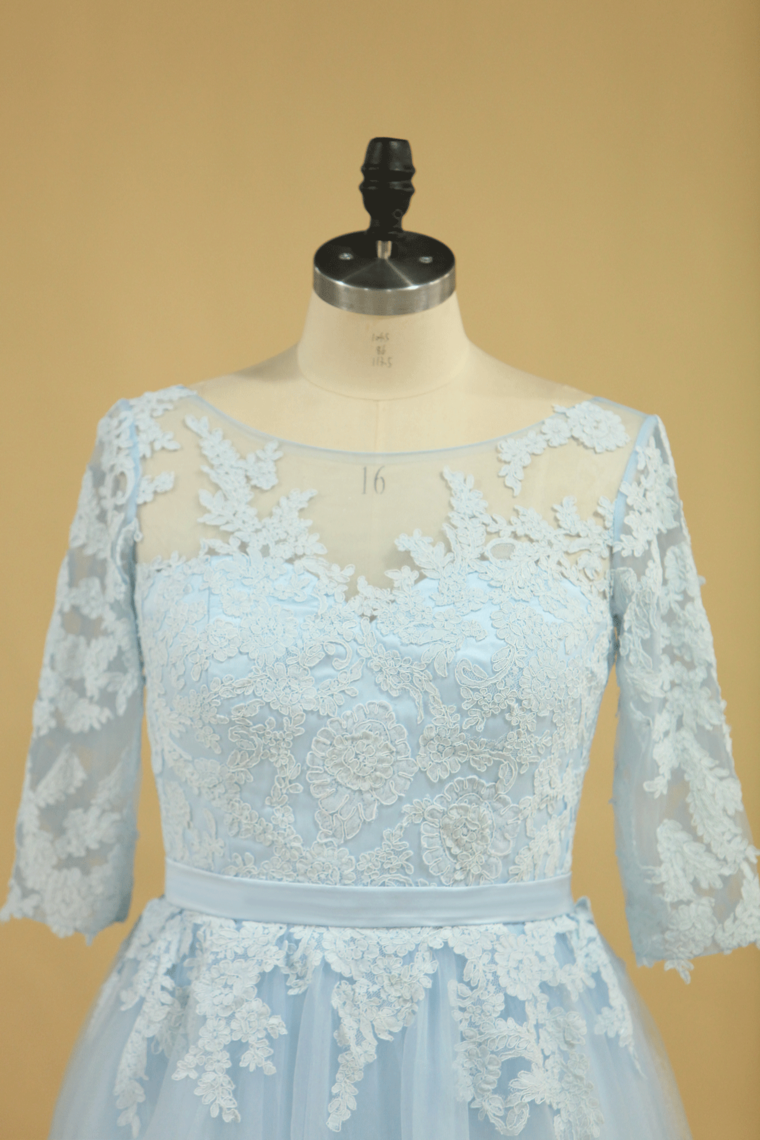 2022 Mother Of The Bride Dresses A Line Bateau Tulle With Applique And Sash Sweep Train Plus Size Light Sky Blue