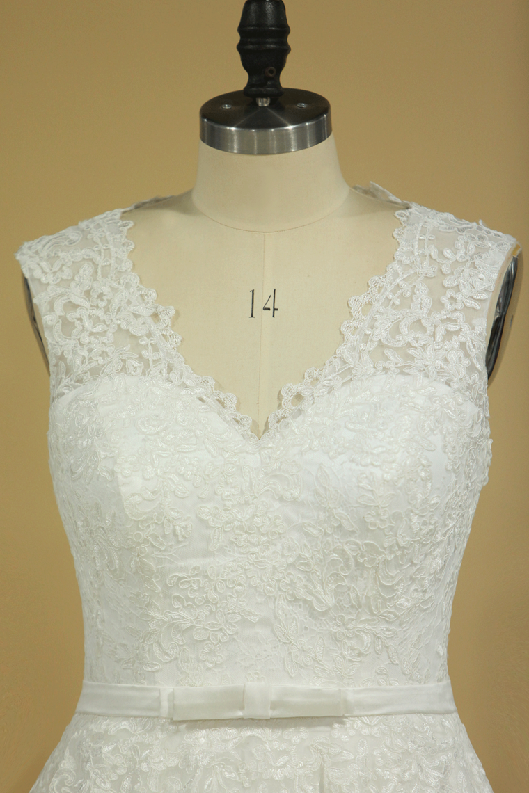 2022 Plus Size V-Neck Wedding Dresses A-Line Court Train Tulle With Applique & Belt Covered Button