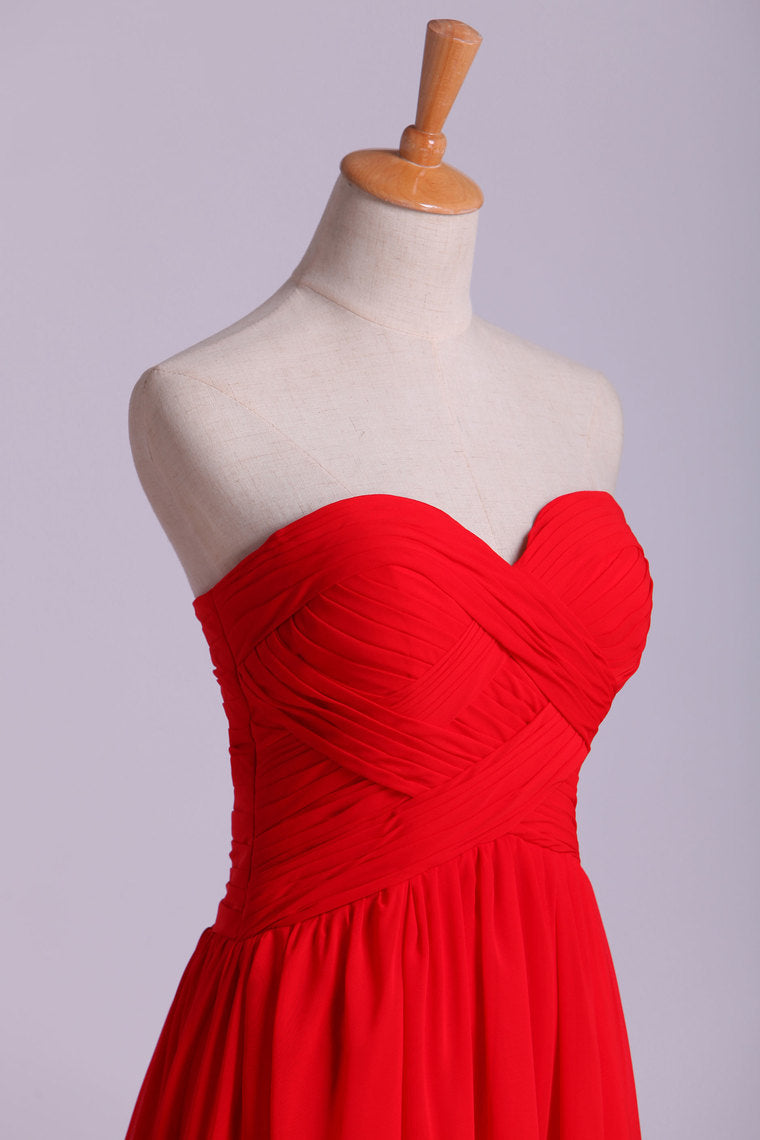 2022 High Low Sweetheart A Line Pleated Bodice Flowing Chiffon Skirt