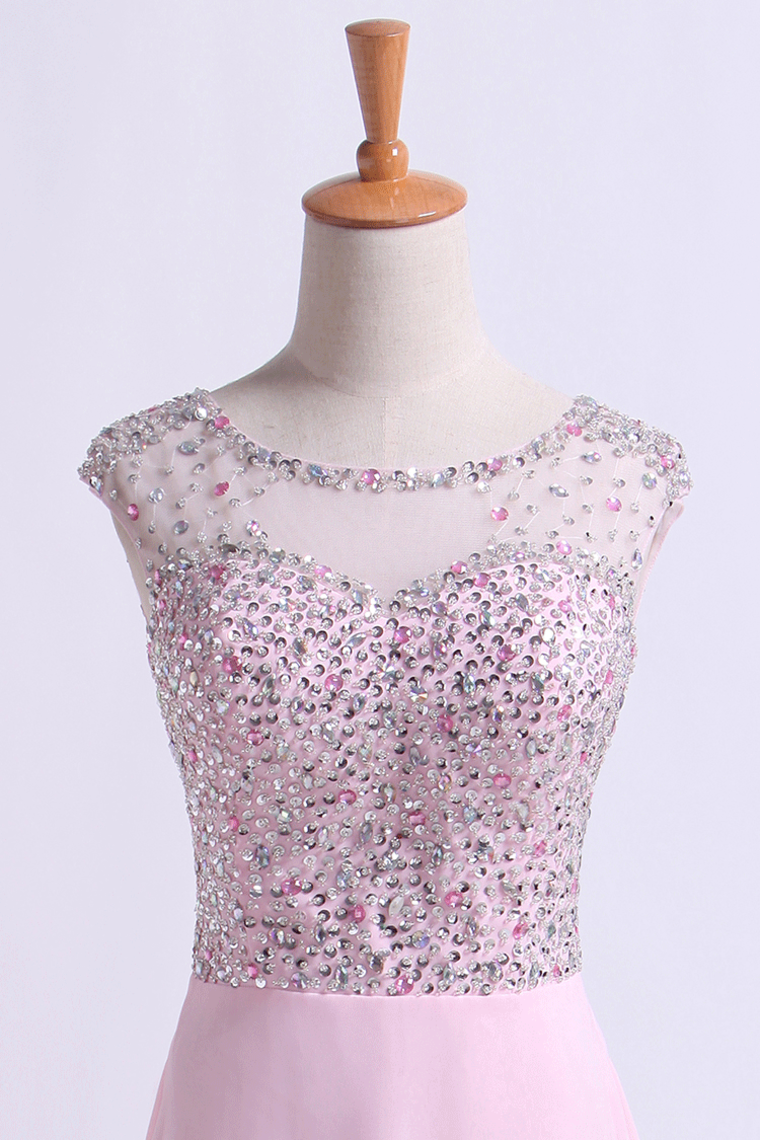 2022 Scoop Neckline Beaded Bodice A Line Open Back With Chiffon Skirt Sweep Train