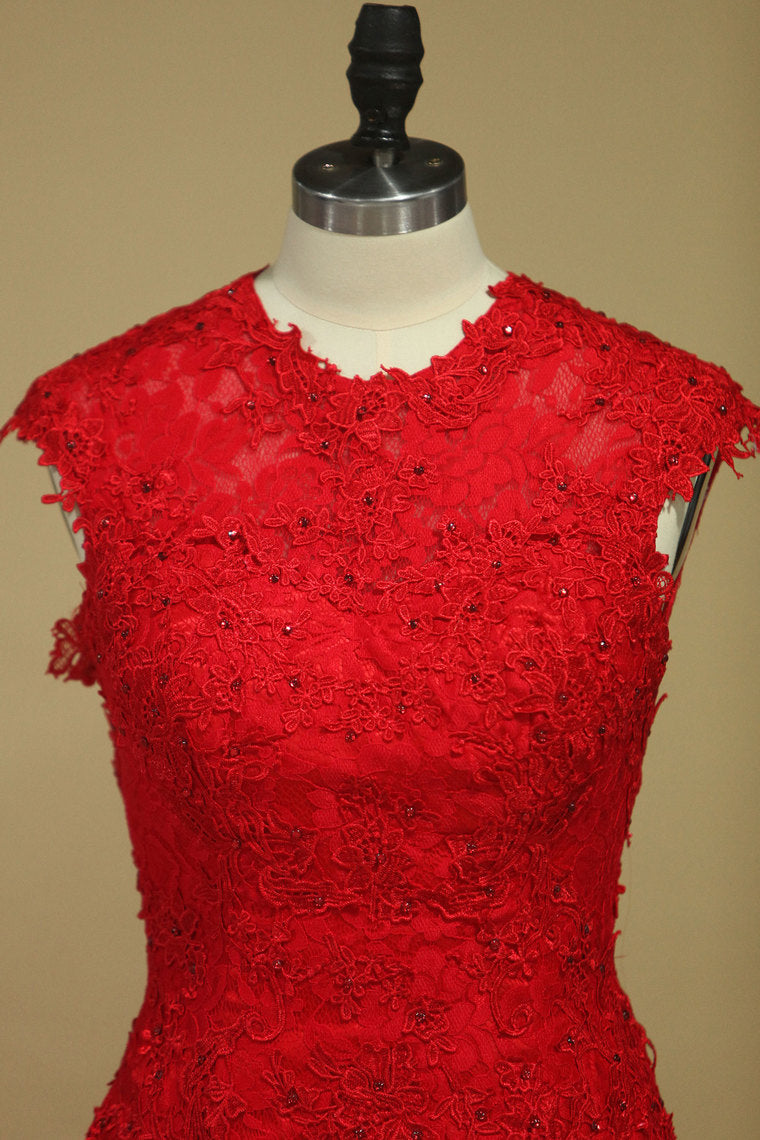2022 Prom Dresses Sheath Scoop Lace With Applique And Beads Sweep Train