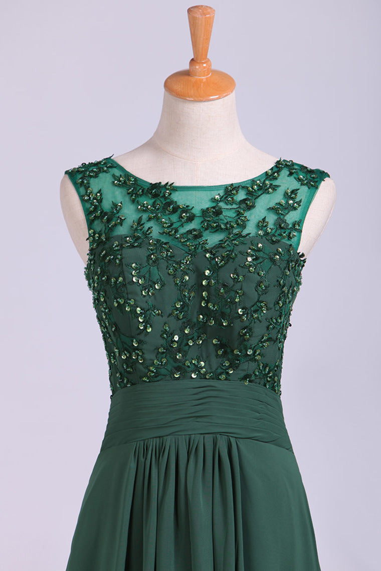 2022 Bateau Neckline Embellished Tulle Bodice With Beaded Applique Chiffon