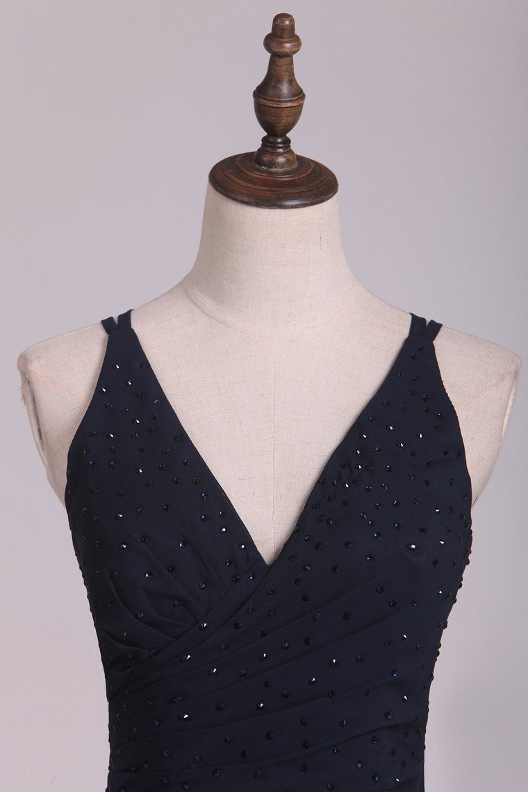 2022 Dark Navy Spaghetti Straps Sheath Chiffon With Beading Evening Dresses