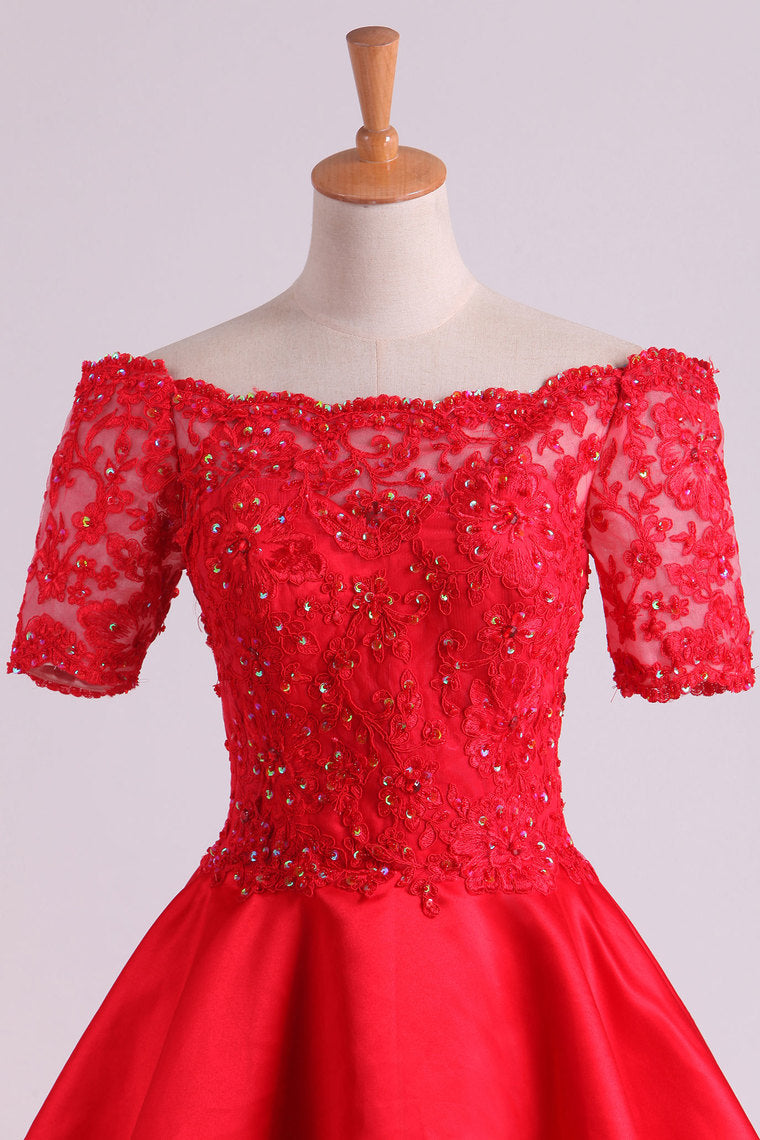 2022 Boat Neck Short Sleeve Satin Prom Dresses A Line With Beading
