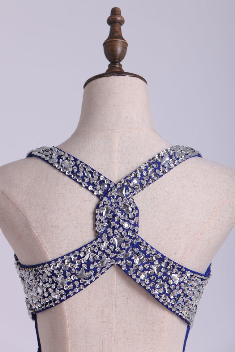 2022 Prom Dresses Halter Open Back A Line Chiffon With Rhinestone Dark Royal Blue