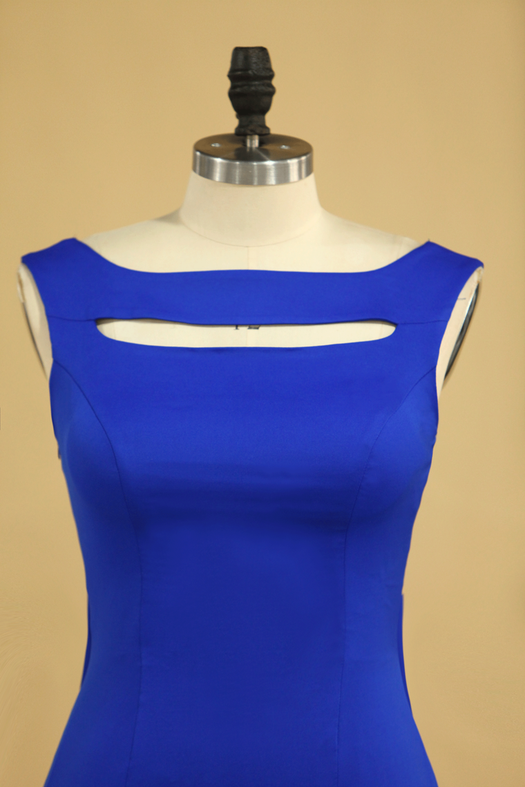 2022 Plus Size Prom Dresses Square Neckline Sweep Train With Bow-Knot Dark Royal Blue