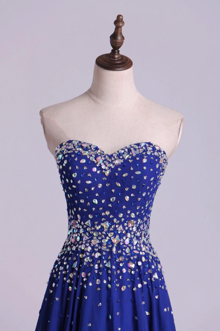 2022 Prom Dresses A Line Sweetheart Floor Length Dark Royal Blue Chiffon