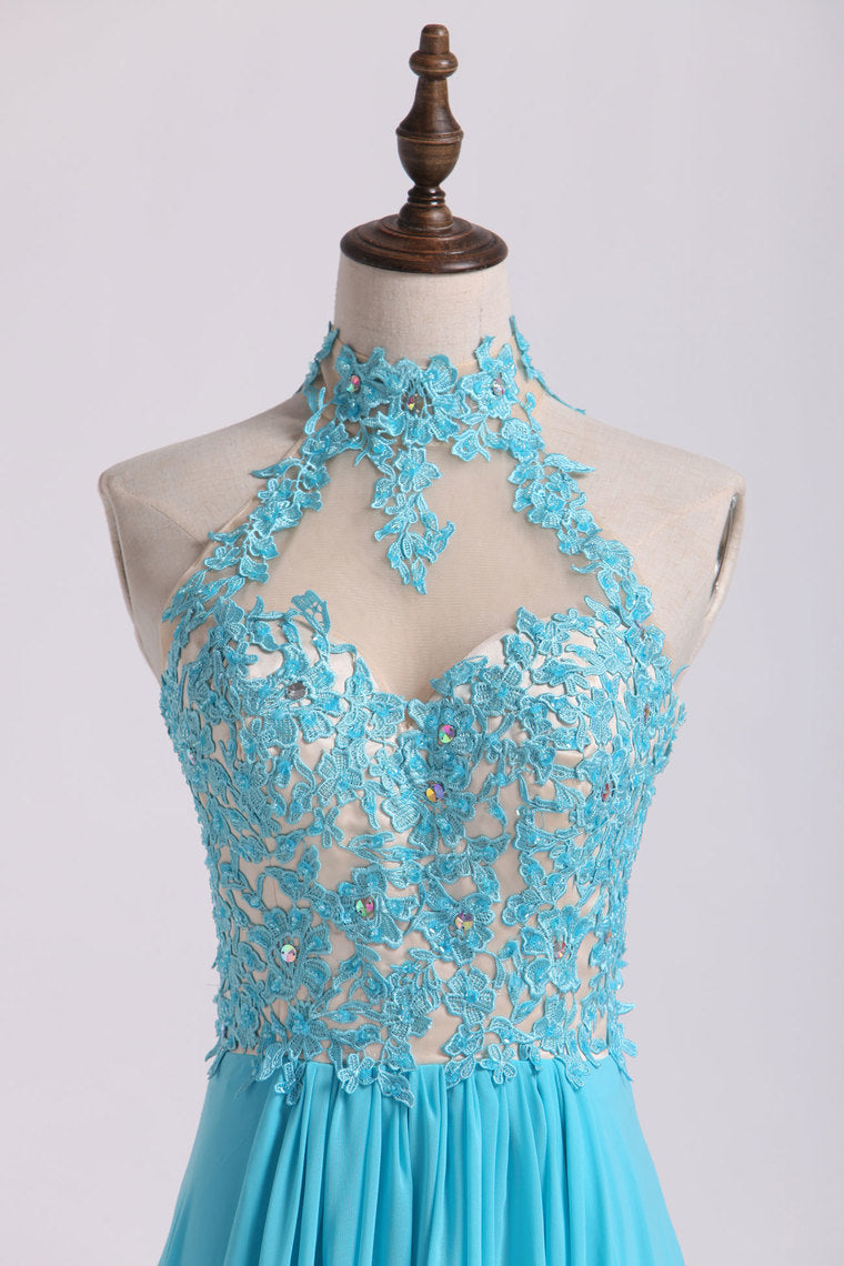 2022 High Neck A Line Prom Dresses With Applique&Beads Chiffon