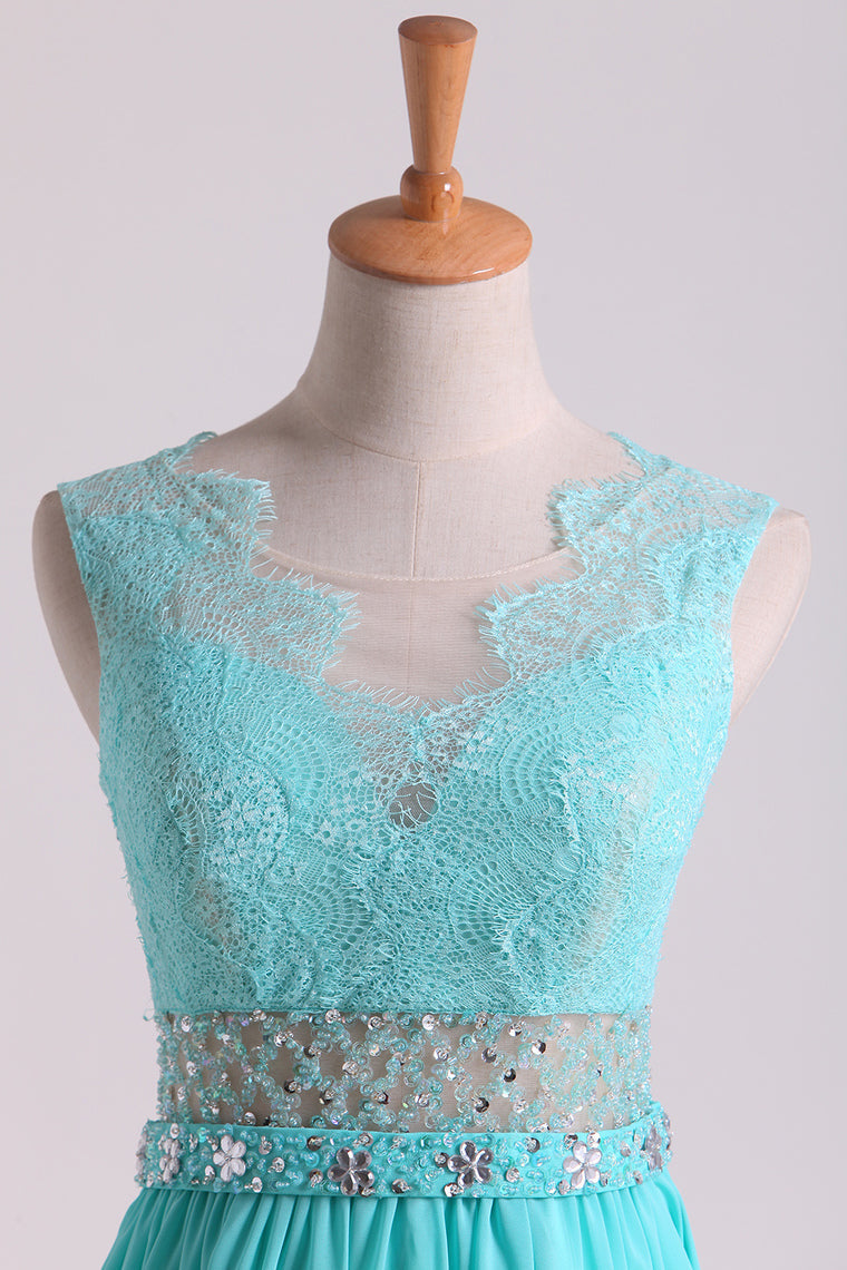 2022 Scoop A Line Exquisite Chiffon Beading Prom Dresses With Applique