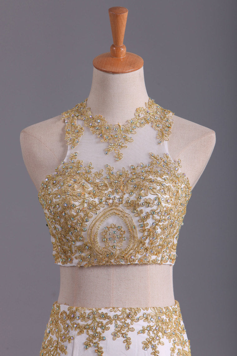 2022 Two-Piece Scoop Mermaid Prom Dresses Chiffon With Gold Applique