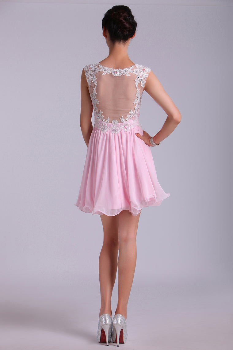 2022 Straps A-Line/Princess Homecoming Dresses Chiffon With Applique