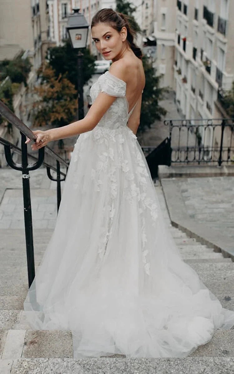 Bohemian Tulle Short Sleeve Brush Train A Line Off-the-shoulder Wedding Dress with Appliques